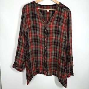 J Jill Plaid Tunic Shirt XL Red Green‎ Button Up Blouse Christmas Top Holiday